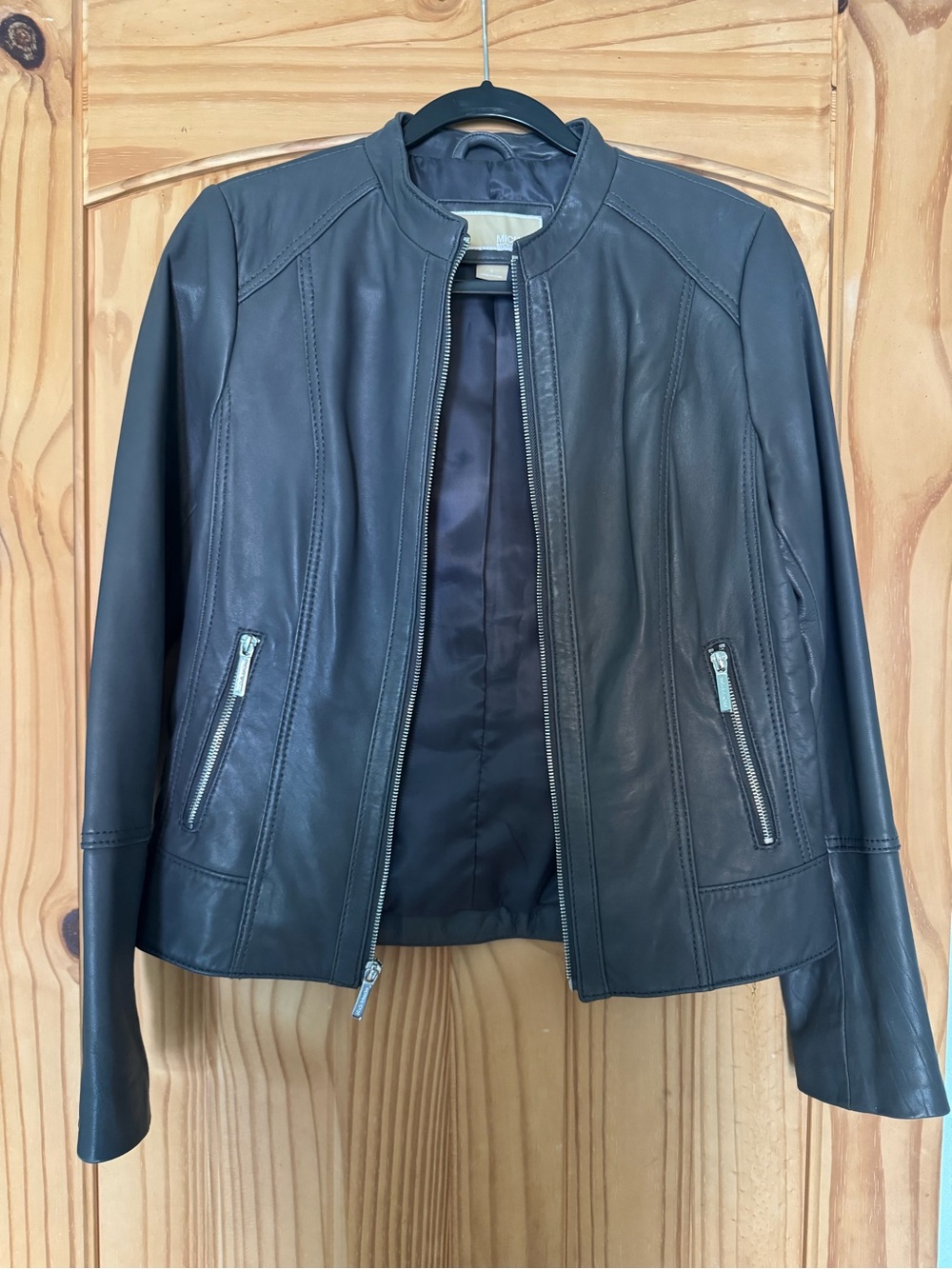 Michael Kors Women's Dark Grey Leather Zip Jacket